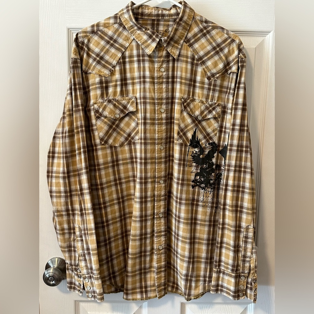 Rewire Mens Pearl Snap Yellow Brown Plaid Long Sleeve Skull Graphic Shirt XL